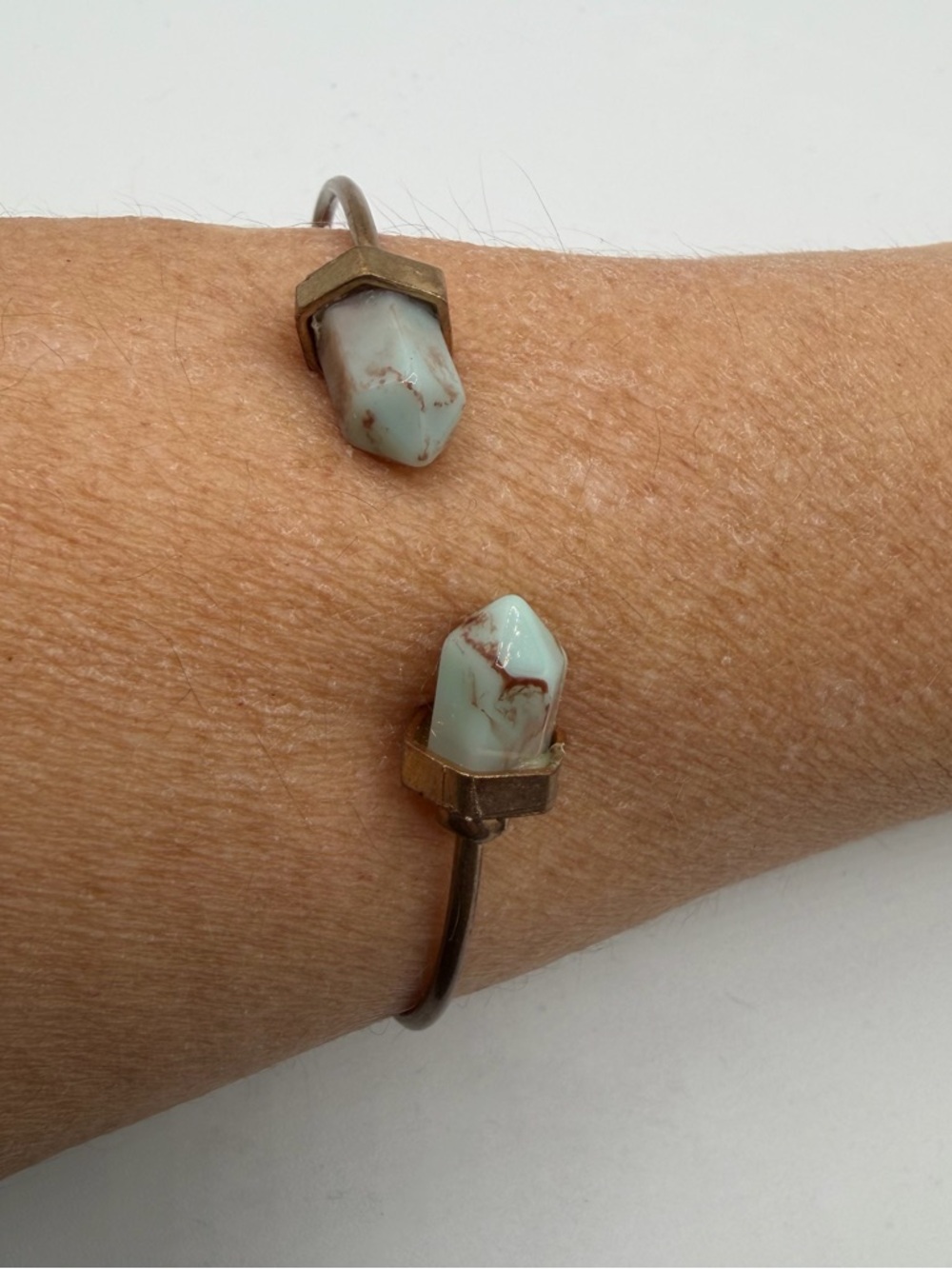 Vintage Boho Copper Tone Bangle Bracelet Aqua Crystal Point Cuff Adjustable